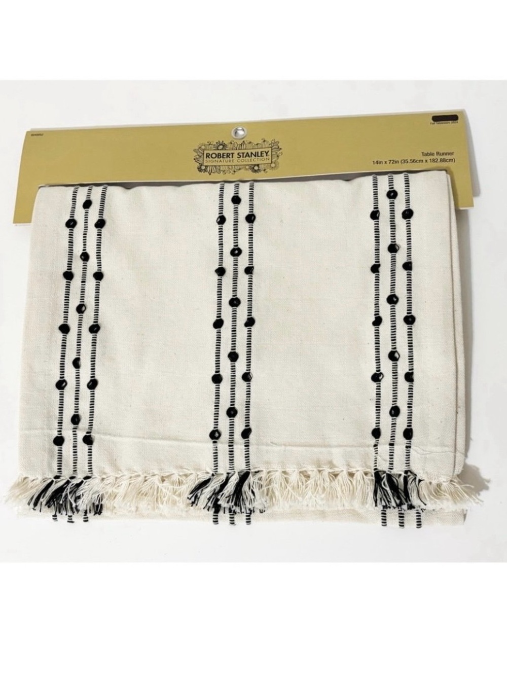Robert Stanley Table Runner, Cream & Black 72" x 14", 100% Cotton, NEW
